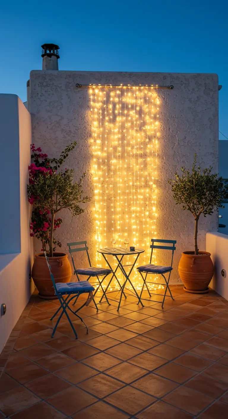A curtain of fairy lights hangs on a white wall between two potted plants on a terracotta tiled patio.