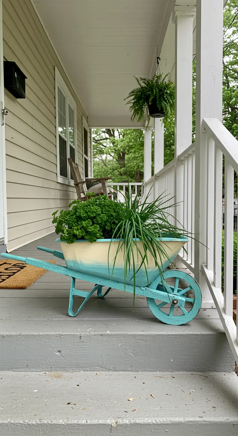A two-tone white and blue wooden cart with overflowing greenery on a welcoming front porch.