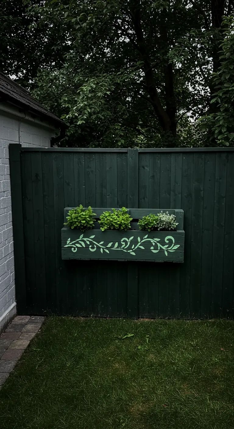 Dark green pallet planter with a light green vine stencil on a dark fence.
