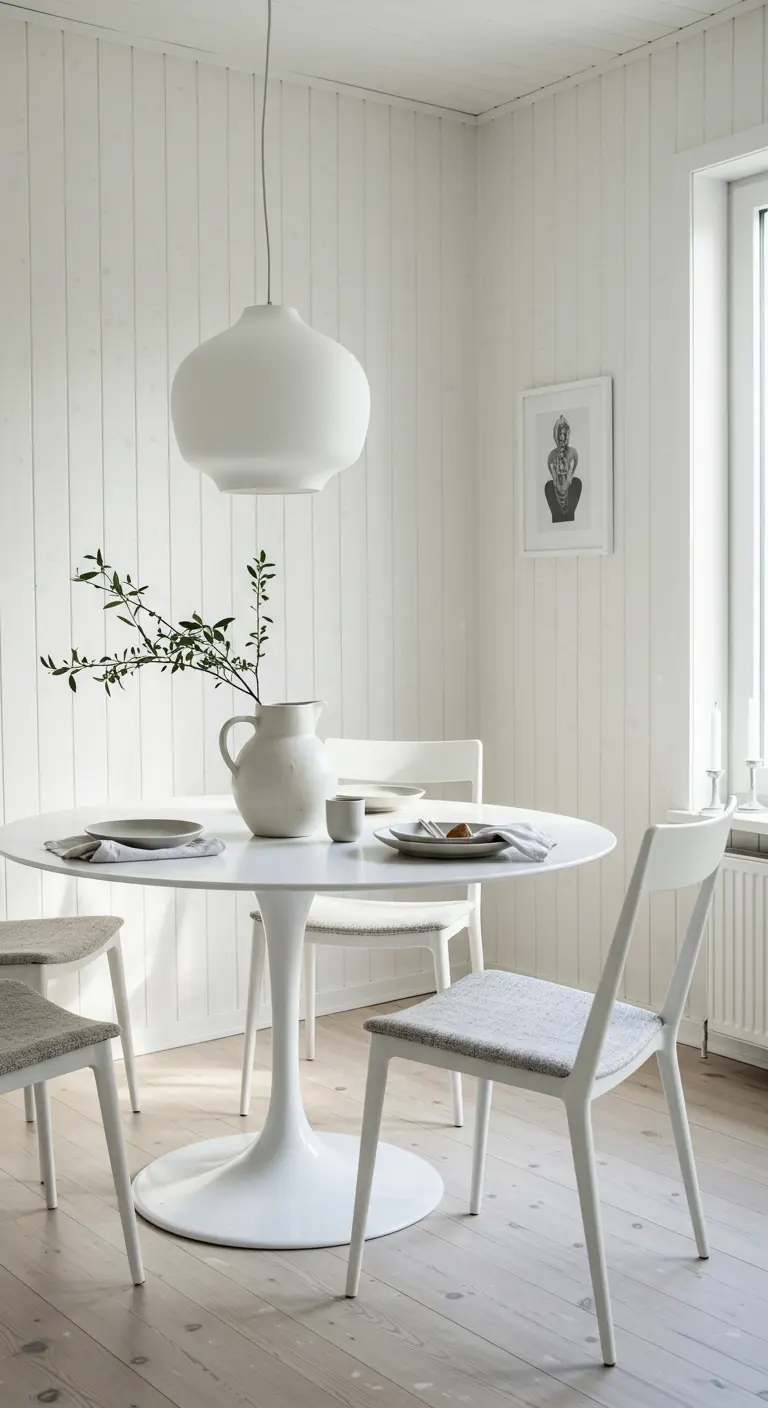 All-white dining space with a tulip table and a pitcher with a green branch.