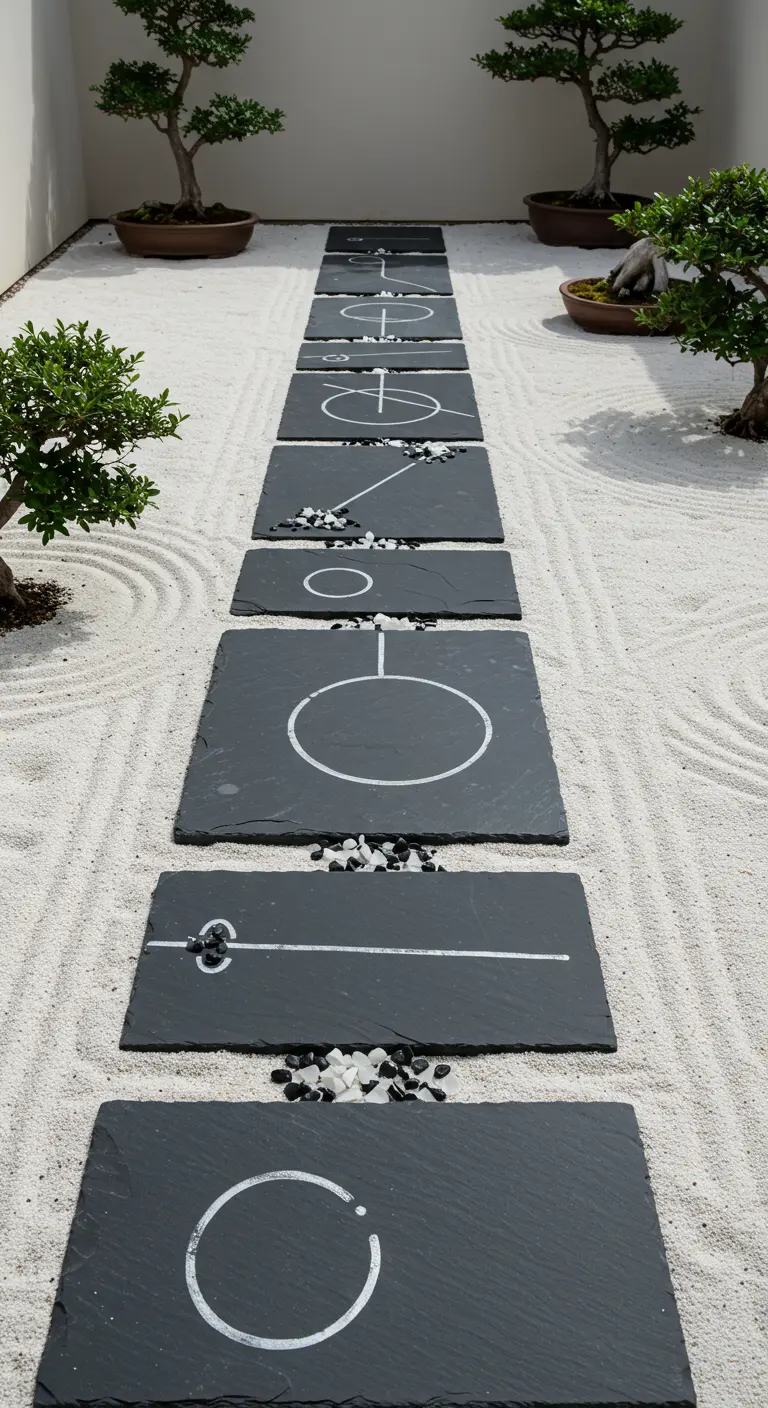 Black slate stepping stones with white painted symbols in a white sand zen garden.