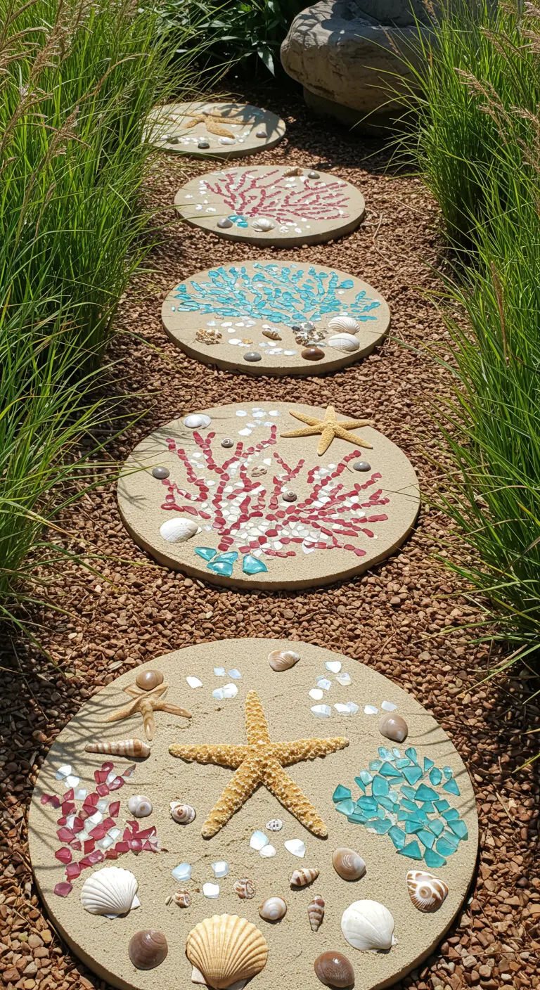 Round stepping stones decorated with coral mosaics, starfish, and seashells.