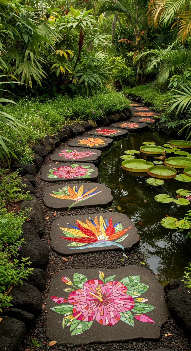 Dark stepping stones beside a pond, decorated with colorful tropical flower mosaics.