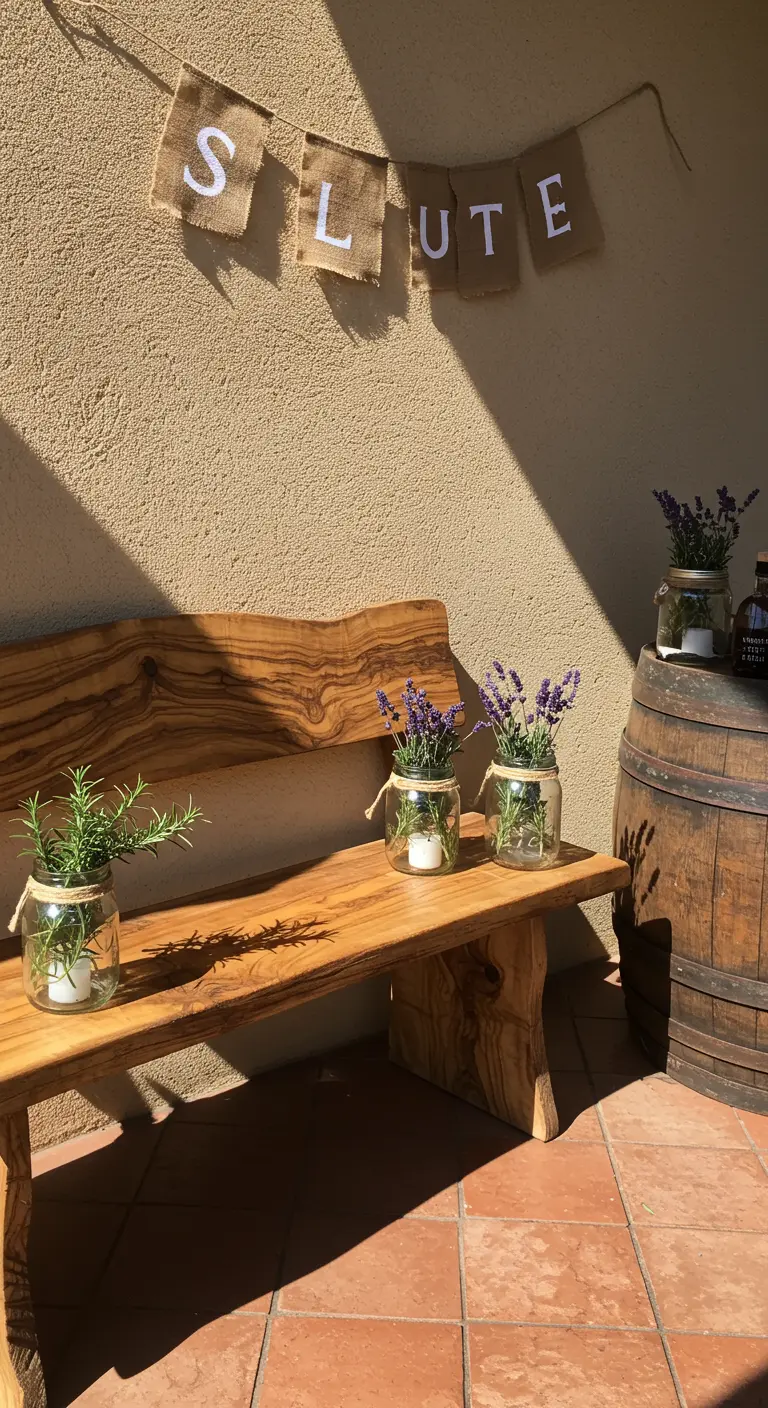 A rustic bench on a terracotta patio with herbs in jars and a 'SALUTE' banner.
