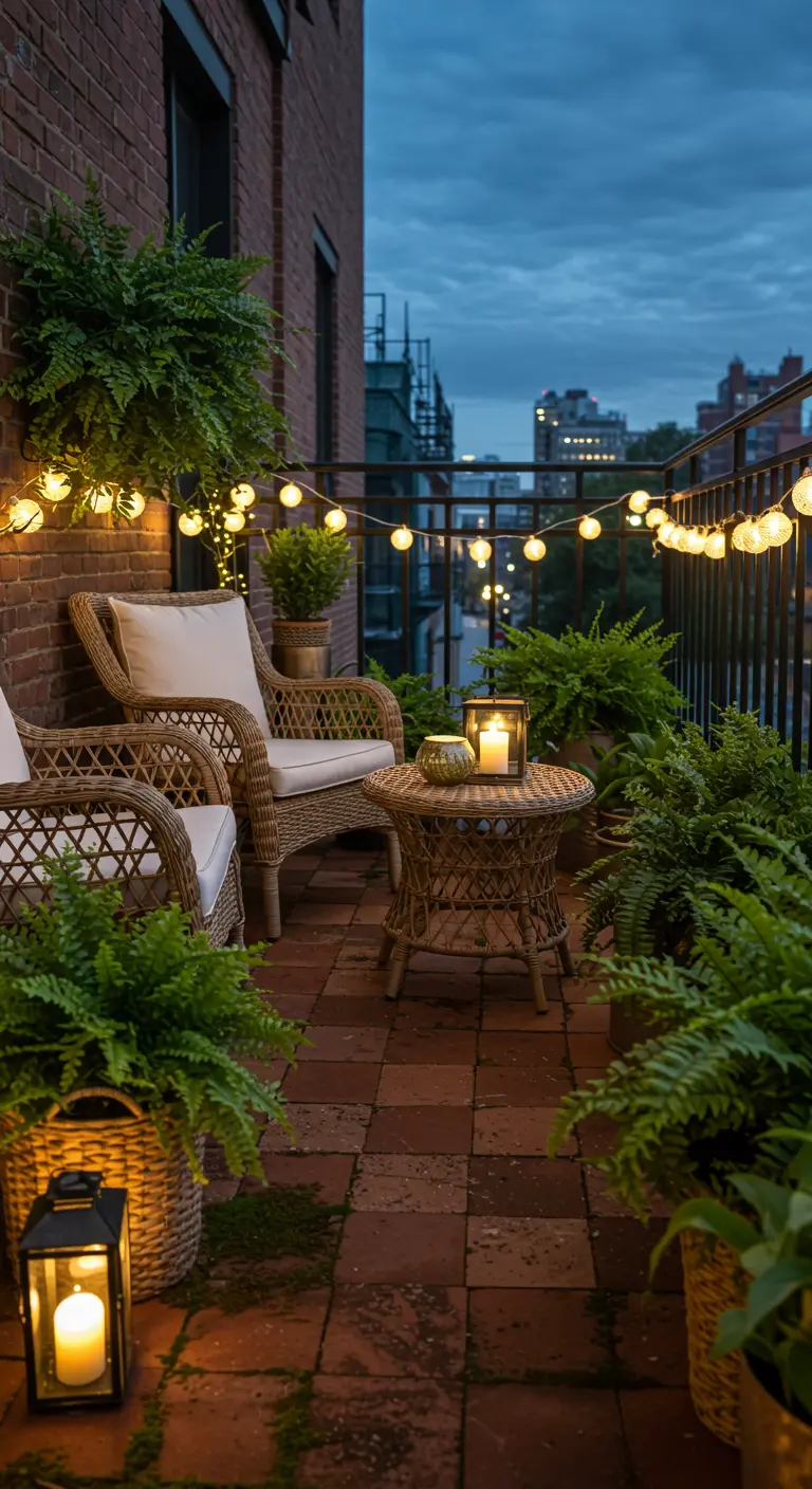 Cozy city balcony at dusk with wicker chairs, potted ferns, and warm string lights.