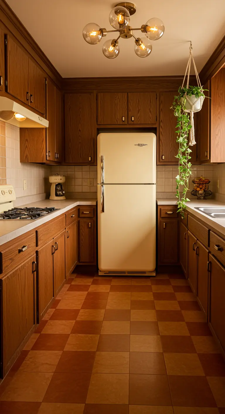 Kitchen with wood cabinets, a cream retro fridge, and a brown and tan checkerboard floor.