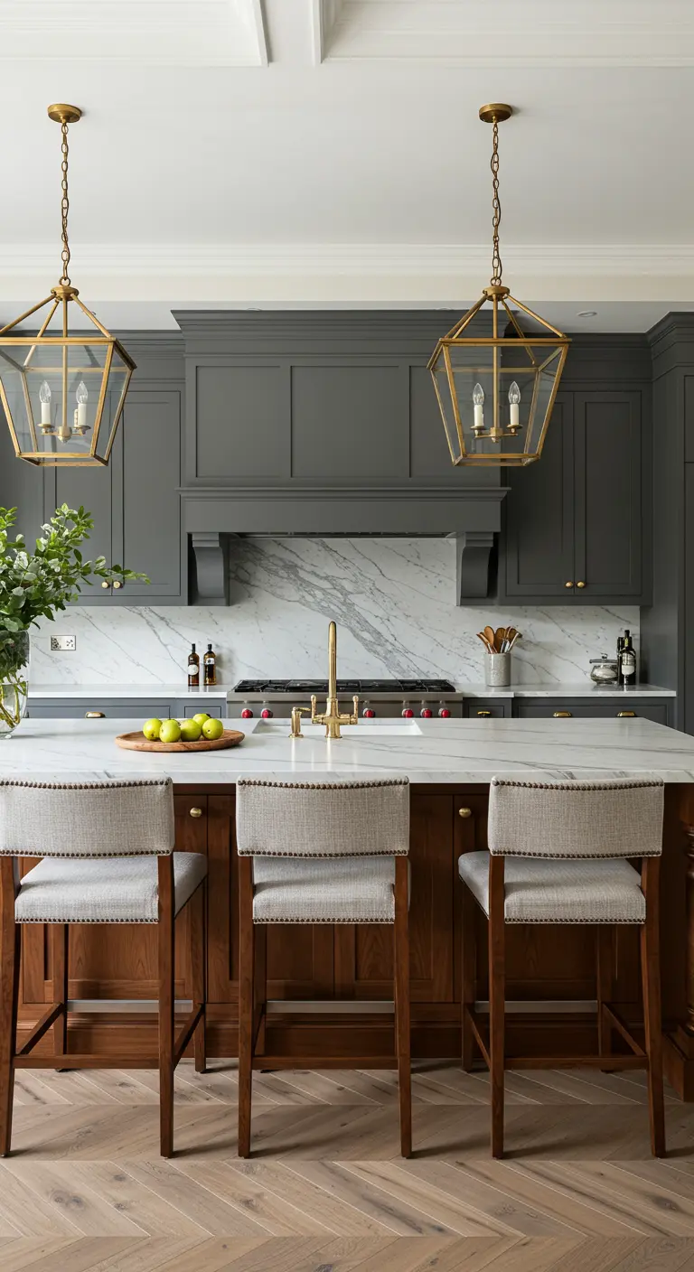 Grey kitchen with a medium wood island, herringbone floors, and gold lantern pendant lights.