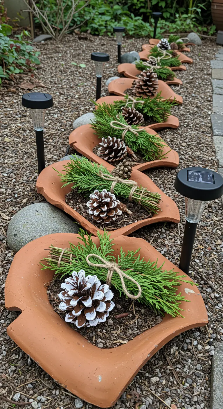 Broken terracotta pot shards used as garden edging, each holding a bundle of cedar and a pinecone.