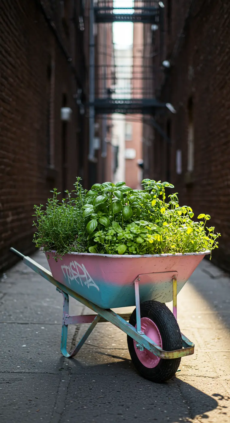 A wheelbarrow painted with pink and blue graffiti-style ombre, holding basil in an urban alley.