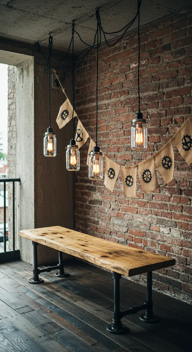 An industrial-style bench with pipe legs against a brick wall with gear-themed decor.