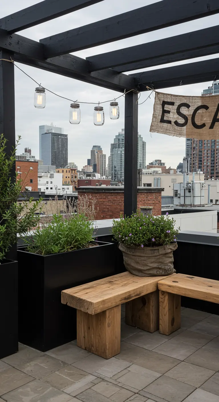Rooftop terrace with rustic benches, modern planters, and an 'ESCAPE' banner.