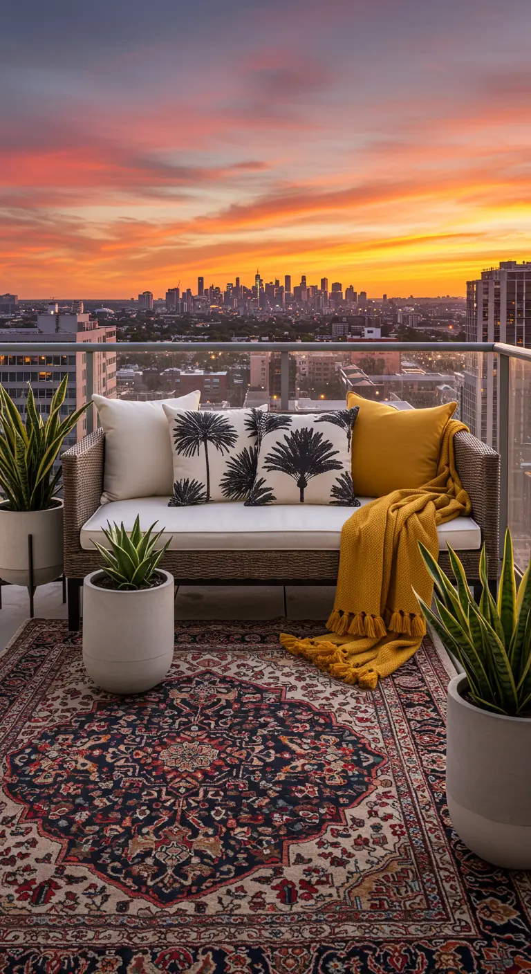 Balcony sofa with a bold Persian rug and potted snake plants overlooking a city sunset.