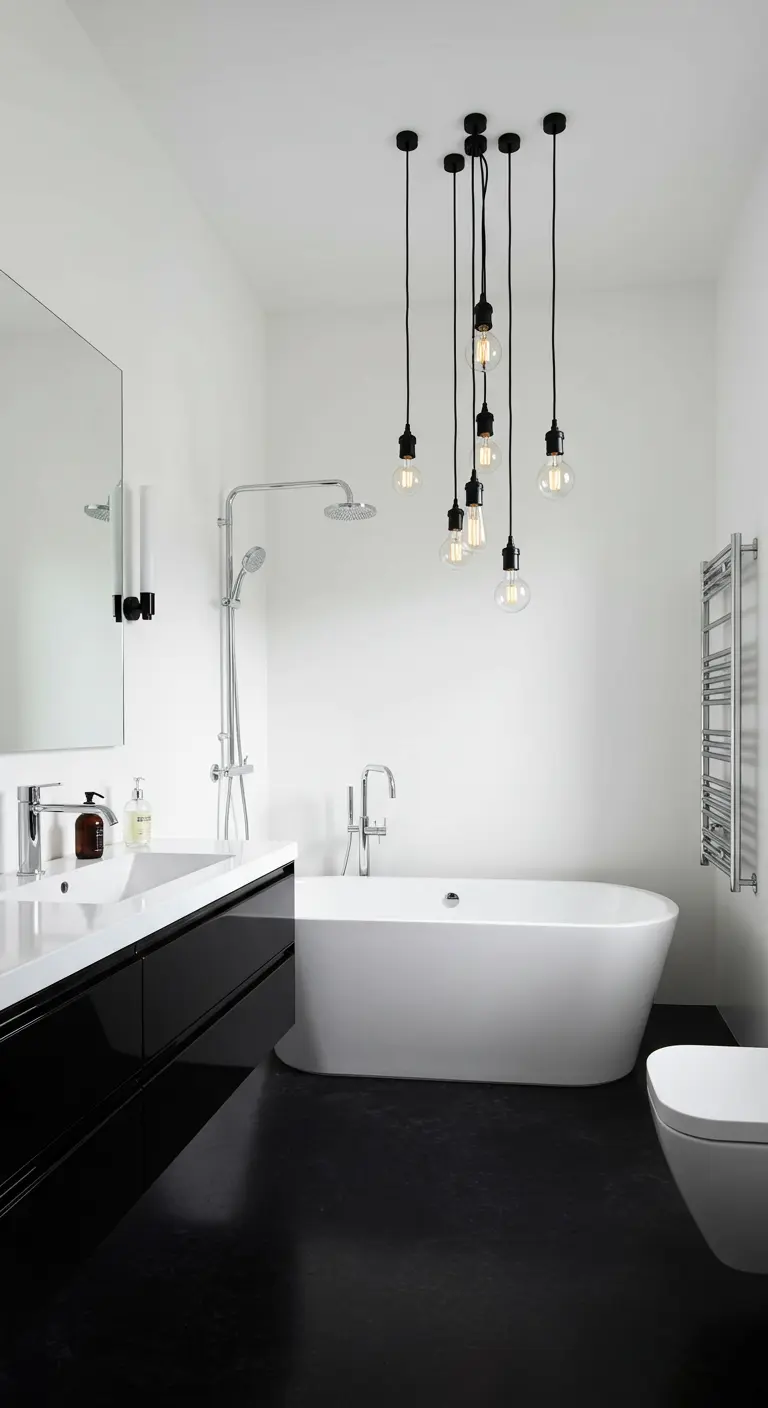 Monochrome bathroom with white walls, a black floor, and a cluster of Edison bulbs.
