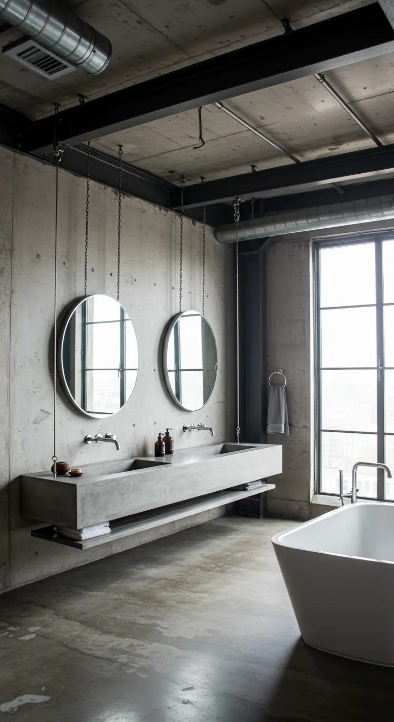 Concrete loft bathroom with large round mirrors hanging from chains.
