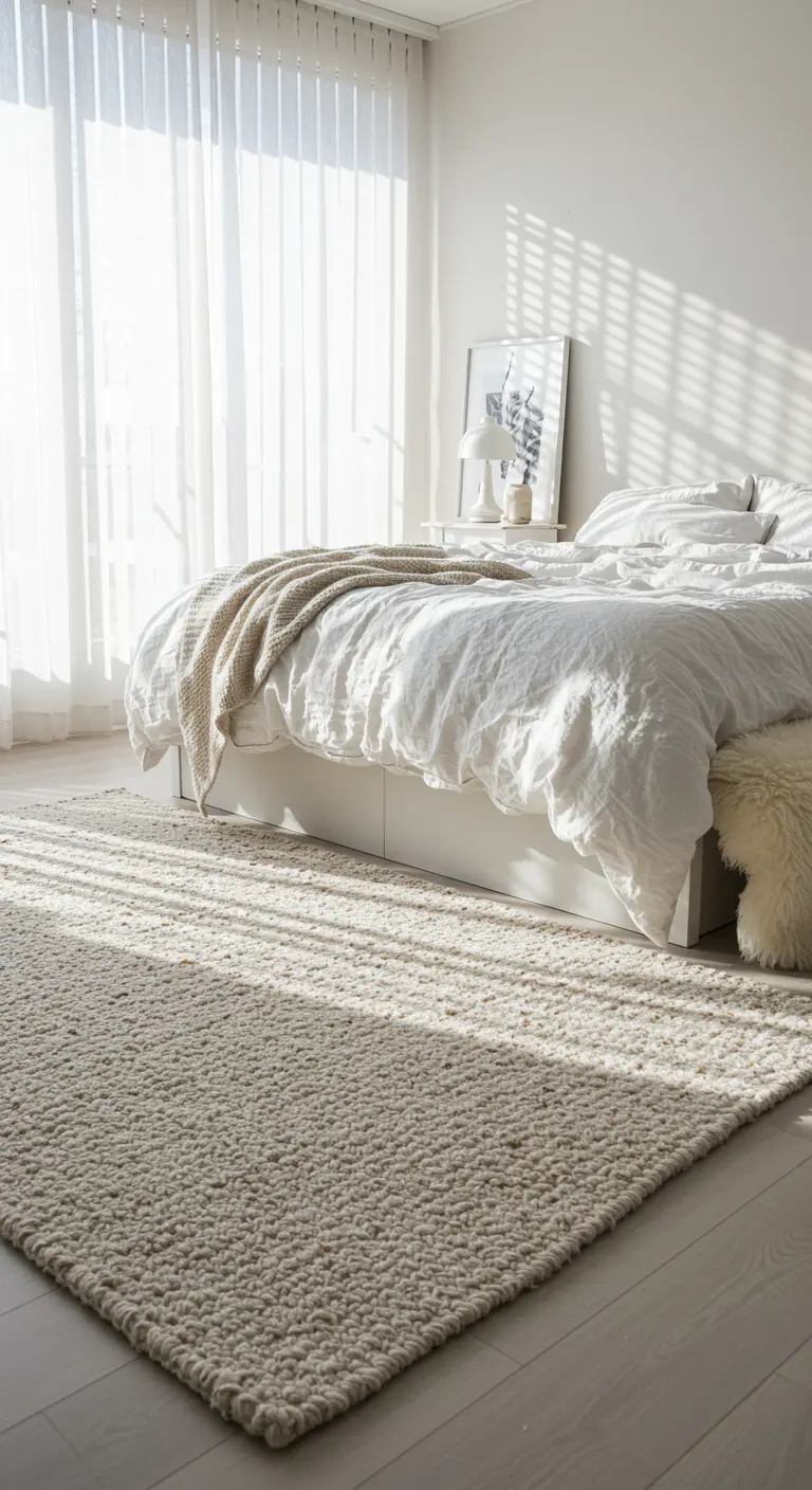 Sunlight streams through vertical blinds, casting linear shadows across a white bed and rug.
