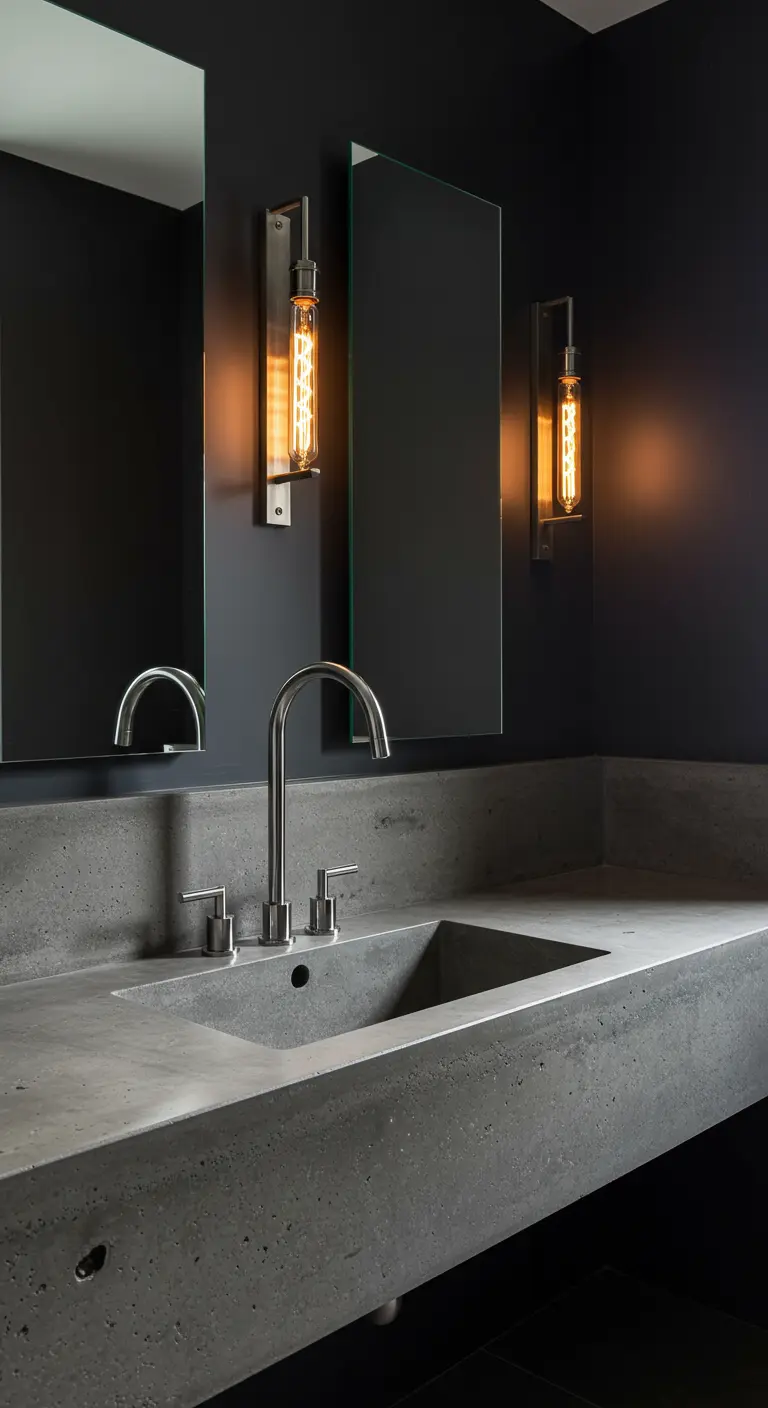 Dark powder room with vertical mirrors and tall, slim Edison bulb sconces.