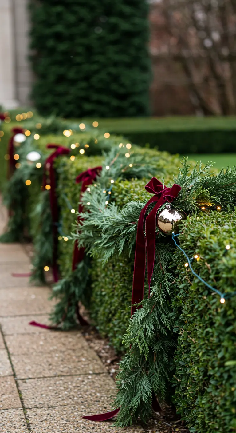 A boxwood hedge decorated with evergreen swags, gold ornaments, and rich burgundy velvet bows.
