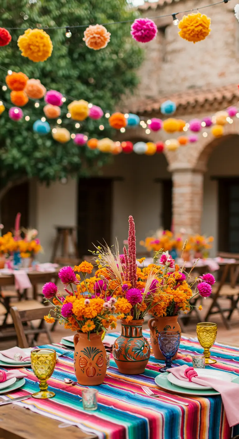 Colorful outdoor table with a striped runner, marigolds, and hanging paper pom-poms.