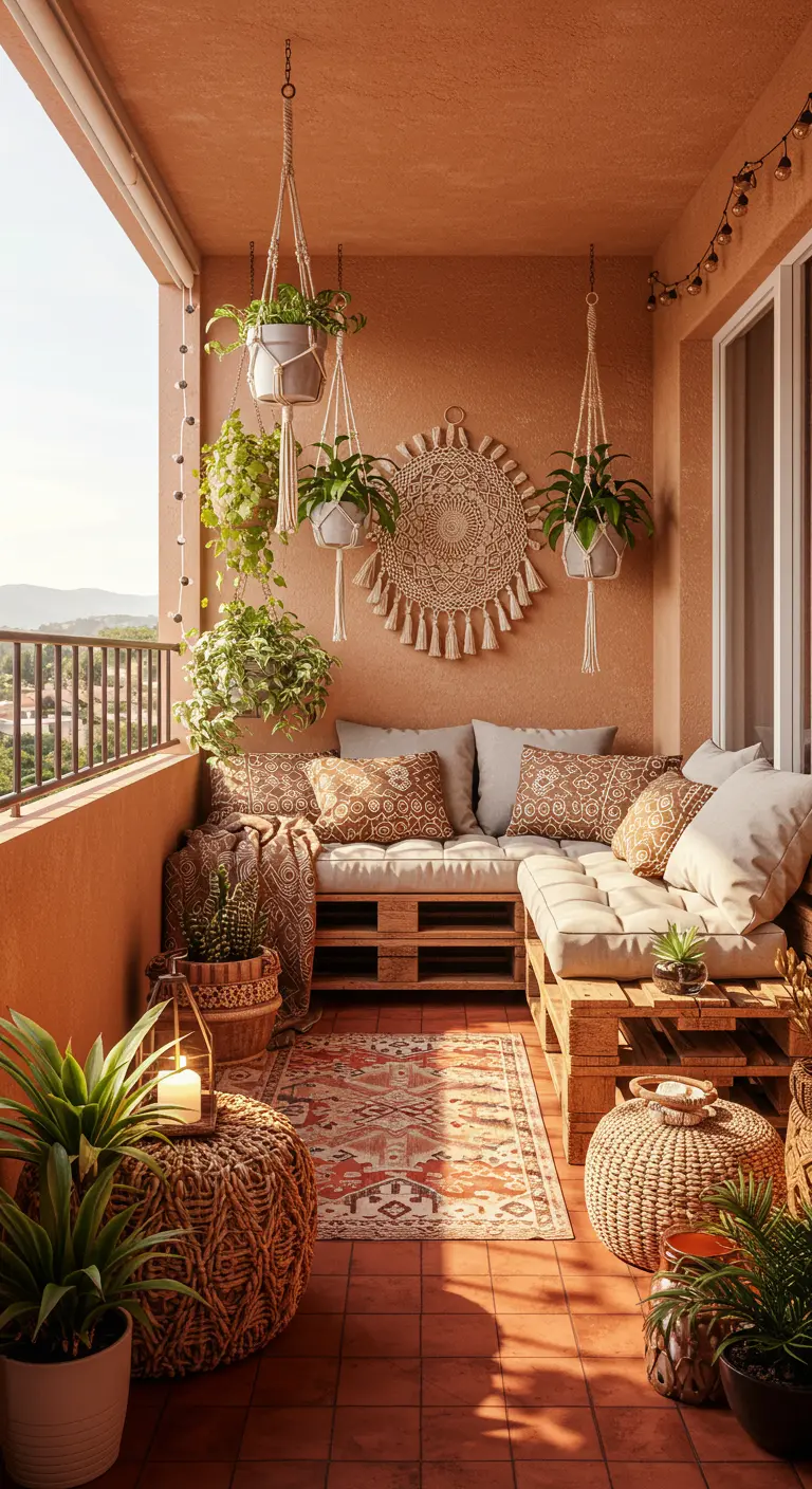 Bohemian balcony with terracotta walls, pallet sofa, and macramé decor.