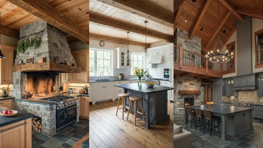 Collage of warm rustic kitchens with natural wood cedar beam ceilings, stone accents, and dark slate countertops.