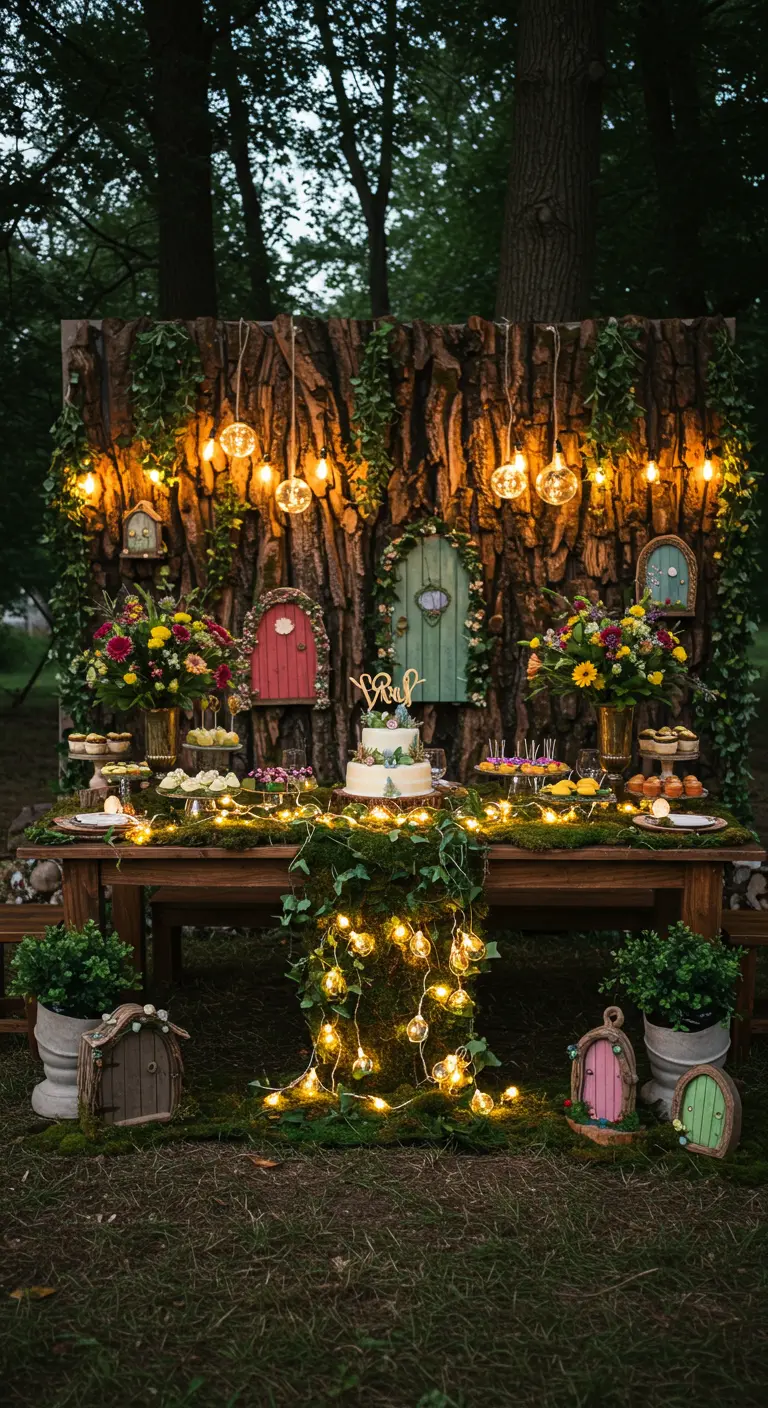 Enchanted forest dessert table with a tree bark backdrop, fairy doors, and glowing string lights.