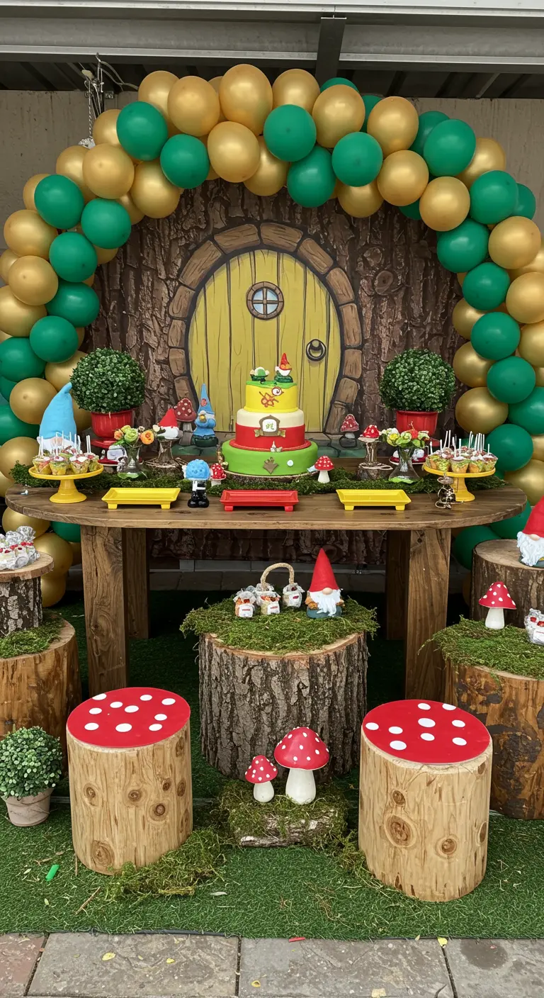 A gnome-themed party with a green and gold balloon arch, a large door backdrop, and log seats.