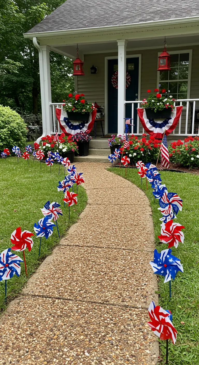 A garden path lined with red, white, and blue pinwheels leading to a decorated front porch.