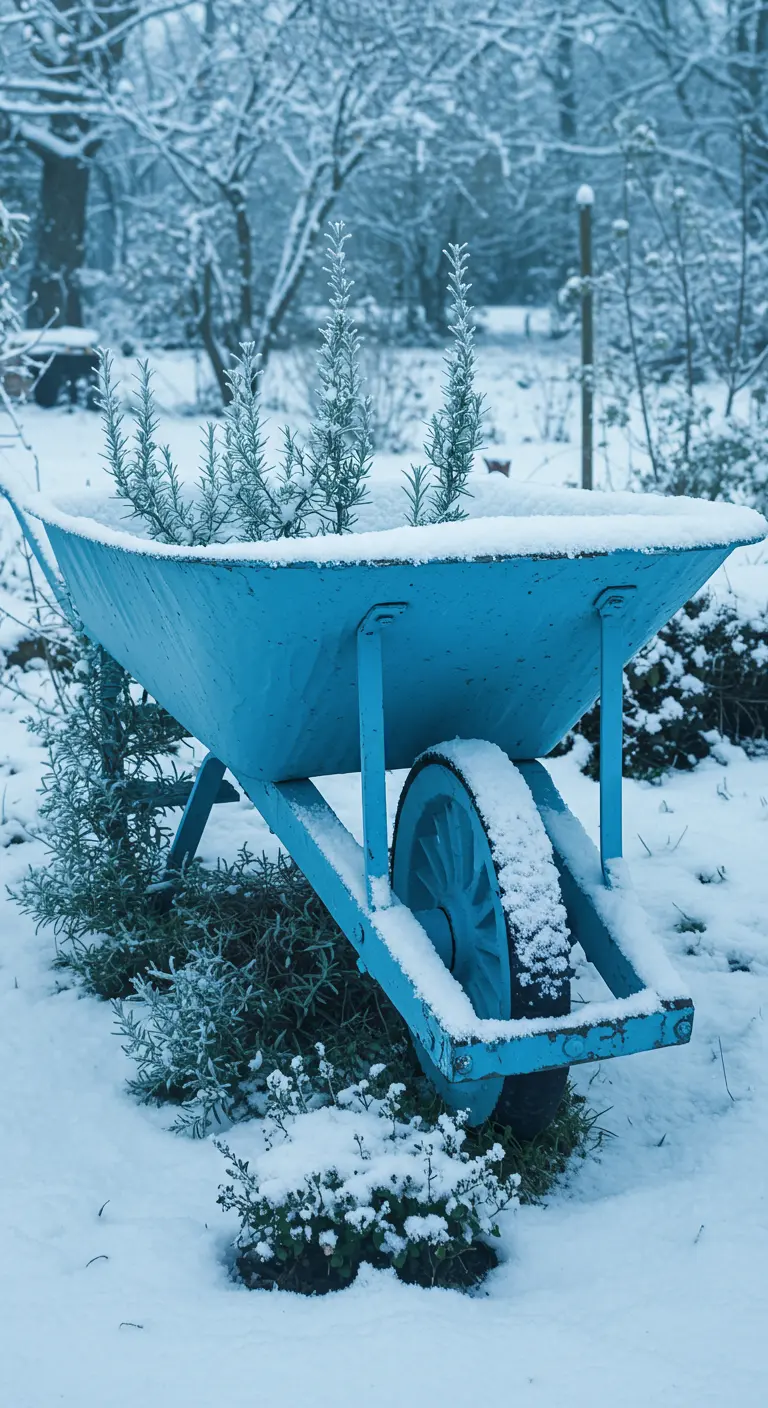A blue wooden cart with snow-dusted rosemary stands in a wintery, snow-covered garden.