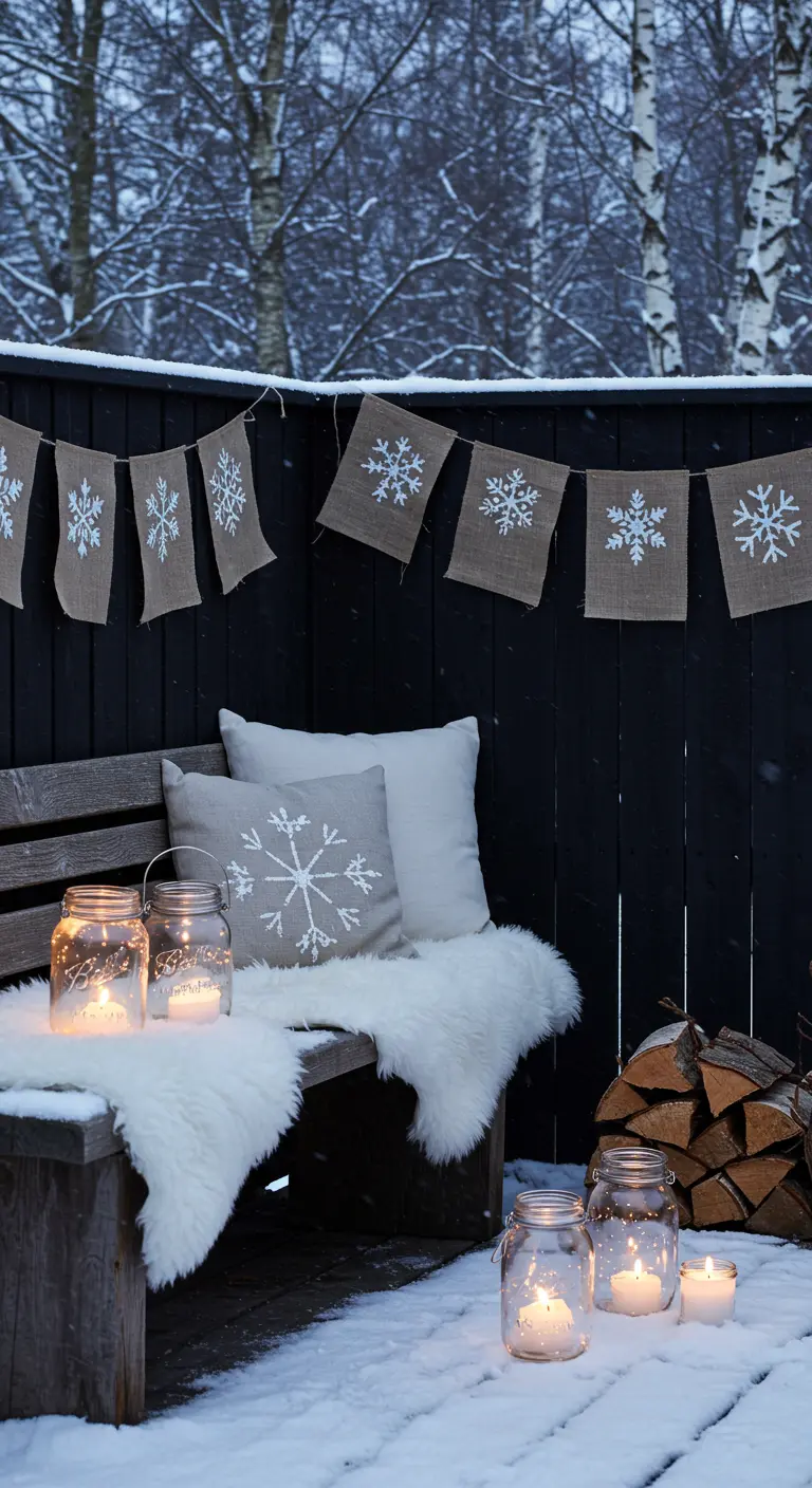 A bench in the snow with a faux fur throw, snowflake banner, and candlelit jars.