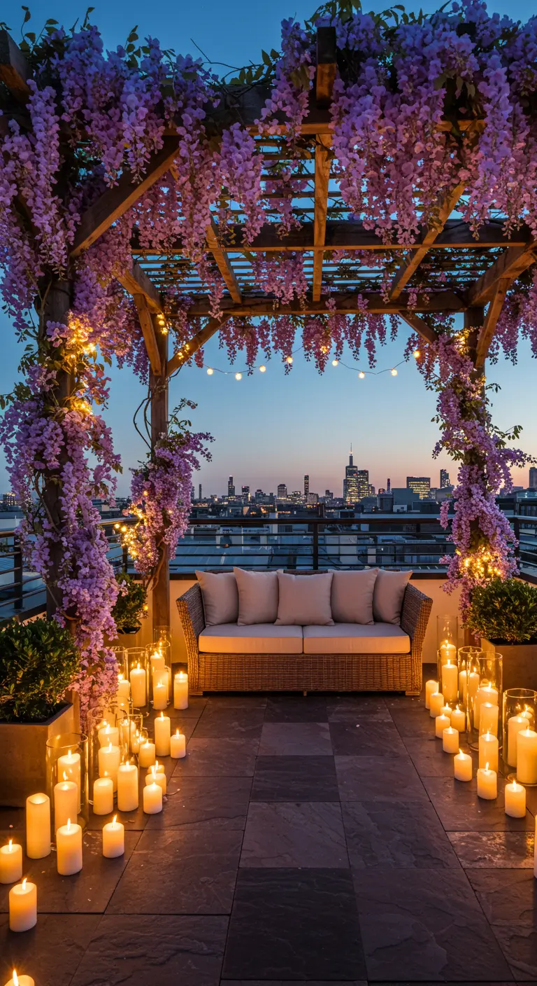 Rooftop terrace with a pergola covered in purple wisteria and fairy lights at dusk.