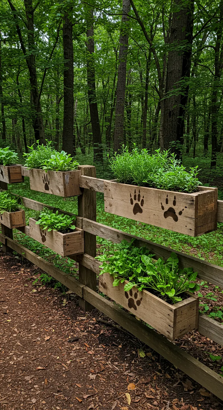 Natural wood planters with stenciled paw prints on a rustic fence in a forest.