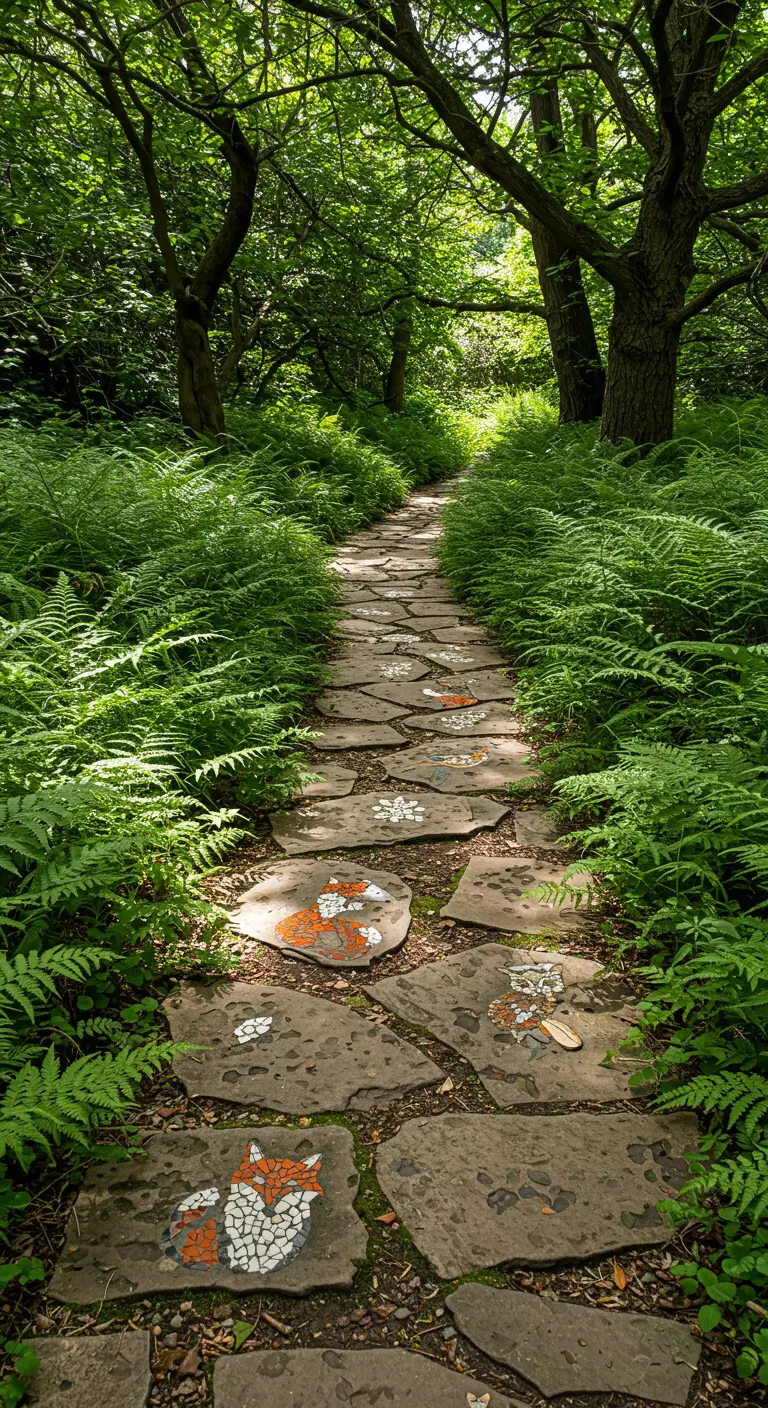 Irregular flagstone path in a forest with small fox mosaics on some stones.