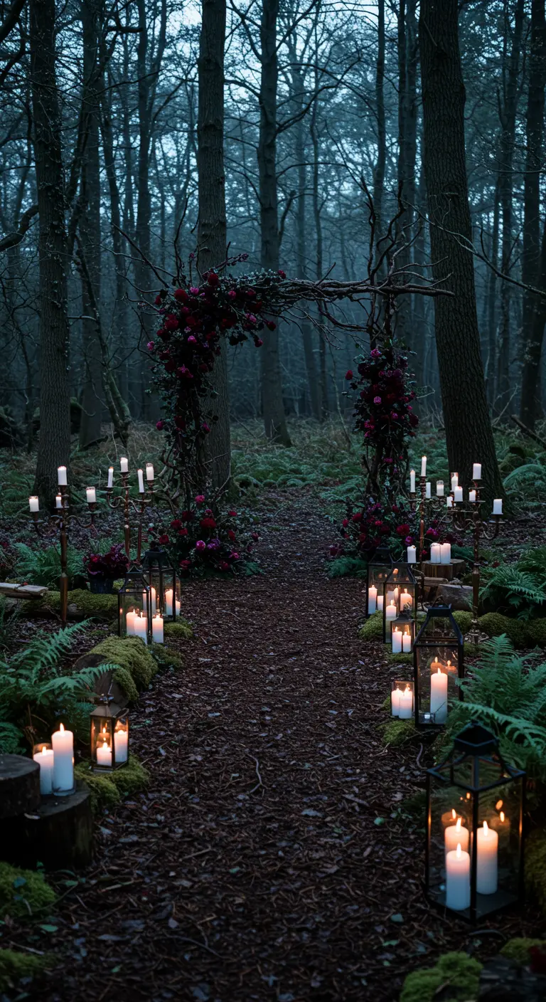A wedding arch made of twigs and burgundy flowers in a dark, candlelit forest setting.