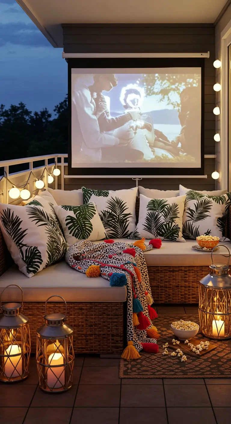 Balcony sofa facing a projector screen for an outdoor movie night, with lanterns and popcorn.