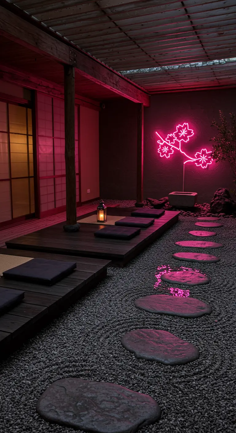 A Japanese-inspired garden with a neon cherry blossom sign glowing on a dark wall.