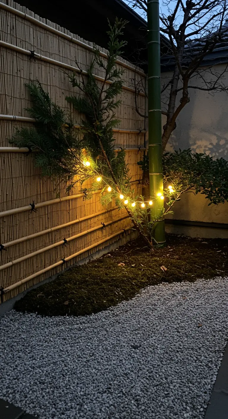 A small evergreen tree next to a bamboo fence is wrapped in warm globe string lights.