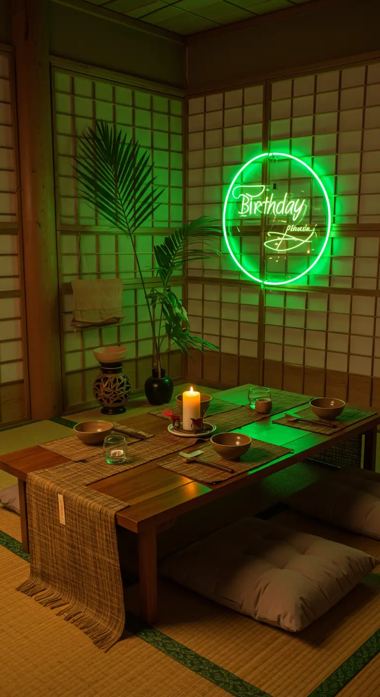 Japanese-style low dining table with a green neon birthday sign.