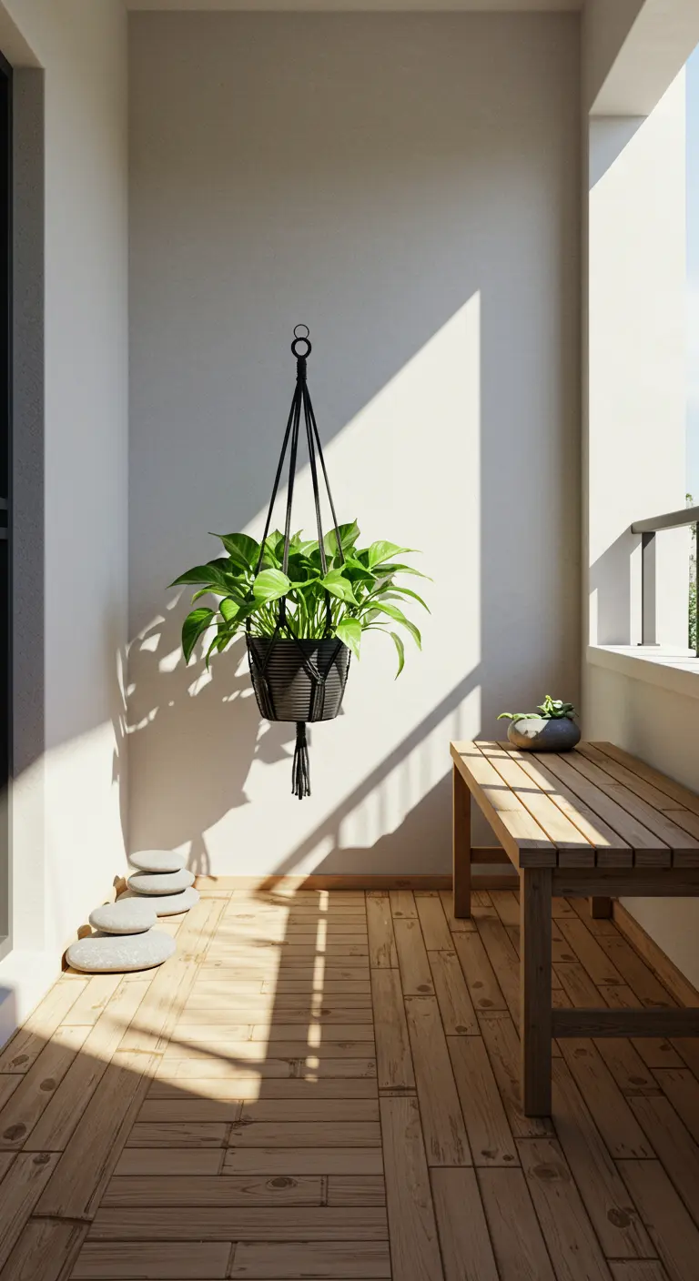 Minimalist balcony with one hanging plant, a bench, and river stones.