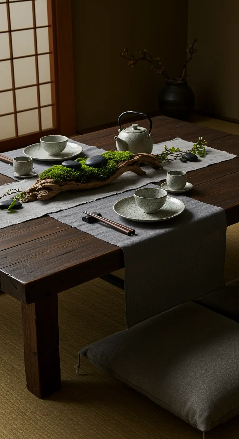 Japanese-inspired low dining table with a moss and driftwood centerpiece.