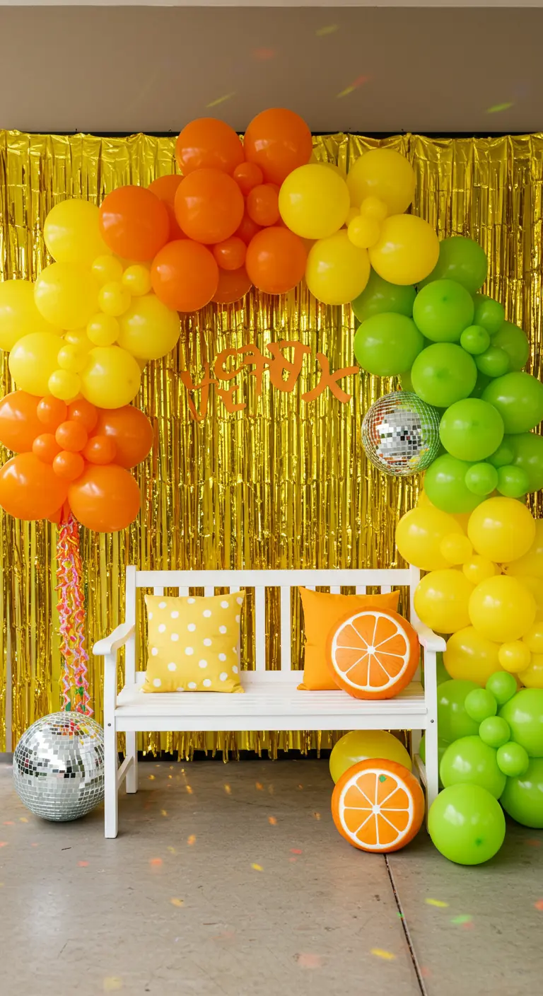 A citrus-themed party backdrop with a gold curtain, a colorful balloon arch, and orange slice pillows.